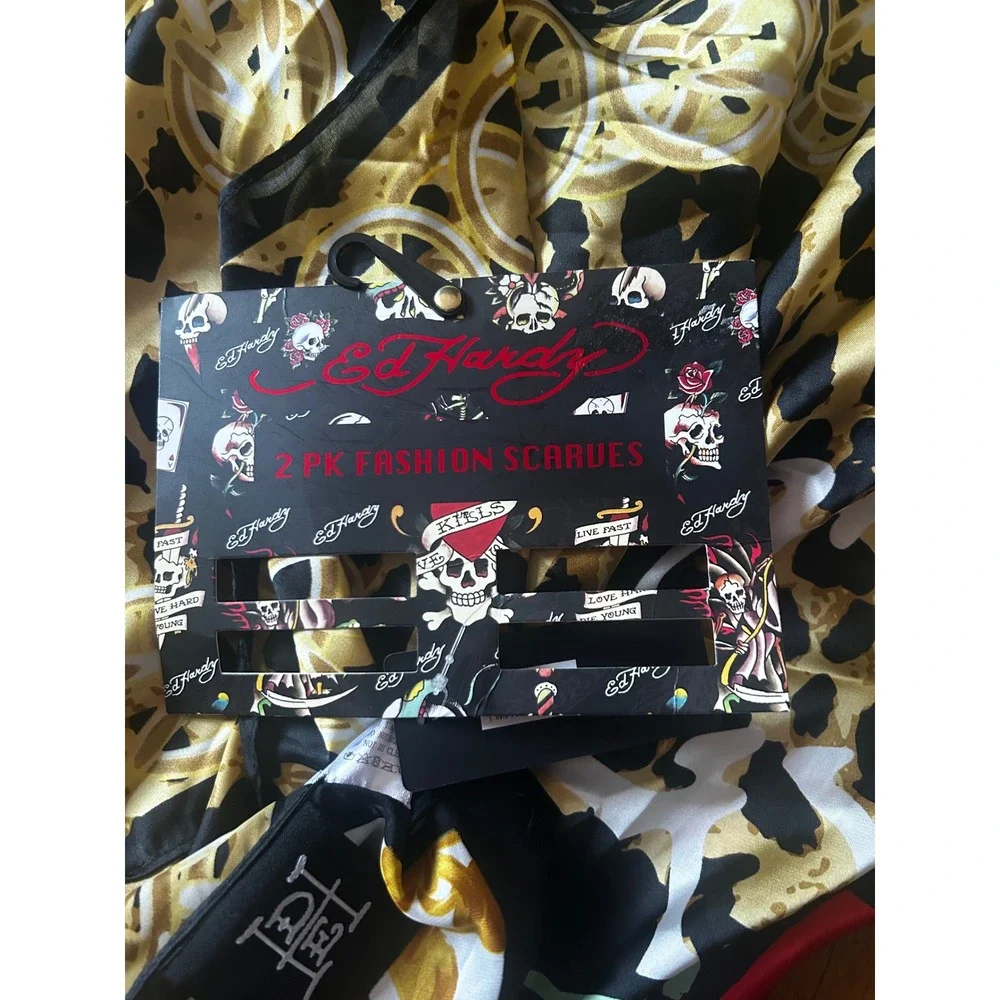 Ed Hardy 2 Pack 100% Silk Fashion Scarves Tiger Leopard Tattoo Print NWT